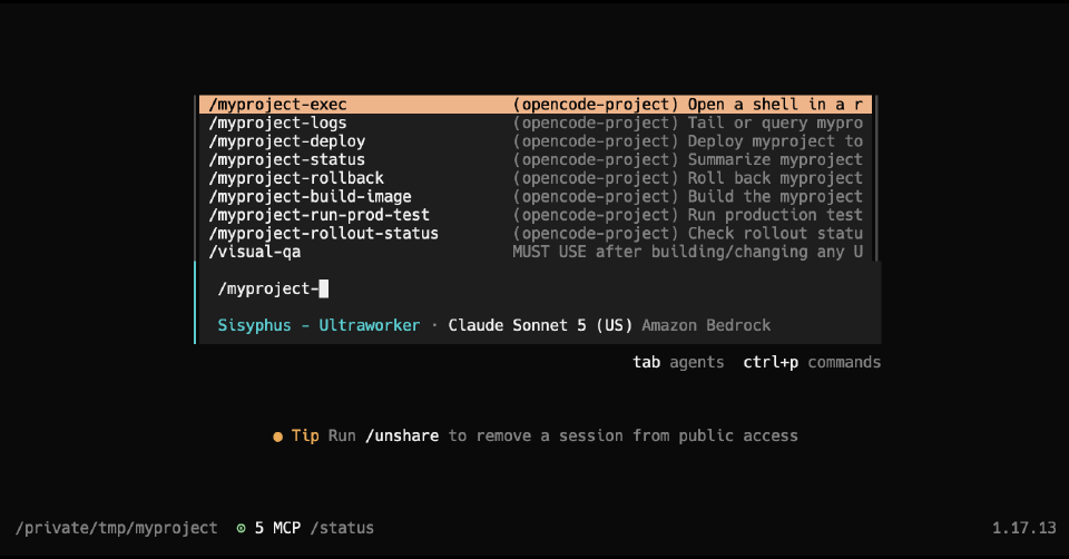 An OpenCode terminal session with the slash-command autocomplete open, showing custom project commands like /myproject-deploy and /myproject-rollback